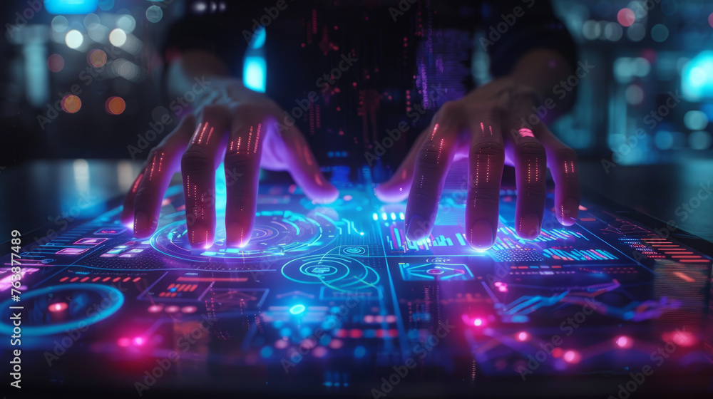 Poster close-up of hands interacting with futuristic touch interface with glowing neon lights and tech diag