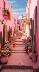 Cactus in the street across a pastel pink walls.