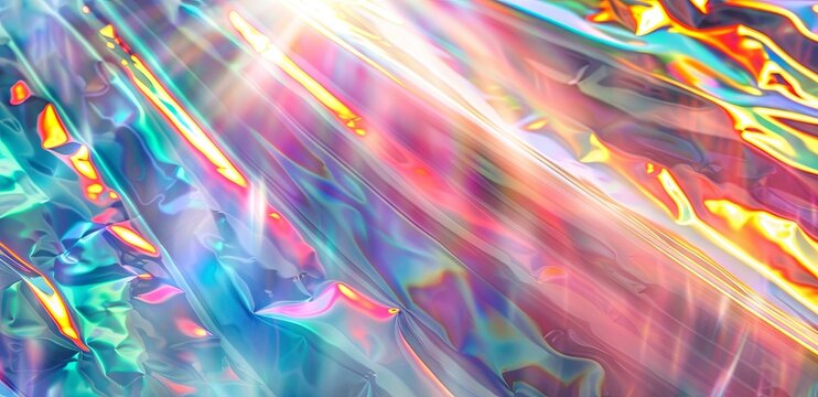 White background, light rays of rainbow colors and iridescent translucent beams of white light shining