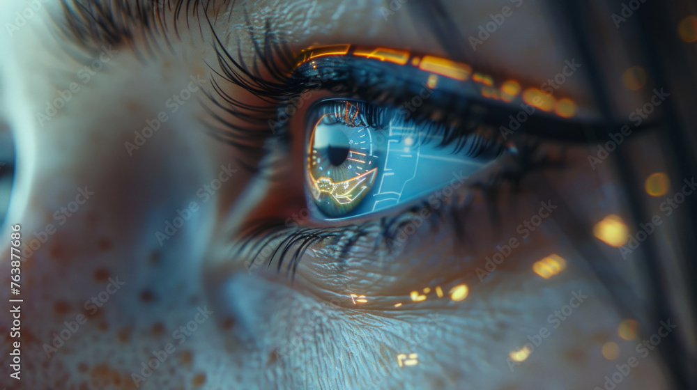 Poster close-up of a human eye with futuristic digital graphics reflected on the surface, symbolizing advan