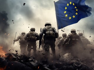 Diverse group of military soldiers holding the flag of the european union - obrazy, fototapety, plakaty