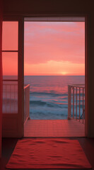 View from the window to the sea. Sunset on a beach. Summer concept.