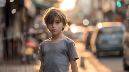 mockup featuring a young blond hair boy in a grey t-shirt standing on a city street, blending into an urban environment, sunrise