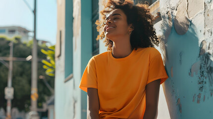 striking mockup featuring a black happy woman in an orange t-shirt standing on a vibrant city street, exuding confidence and urban style