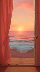 Window and sea in sunset. Summer vacation concept.