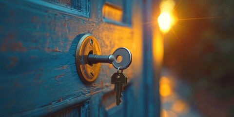 Close-up of a locked wooden door with keys, symbolizing the safety and security of the home.
