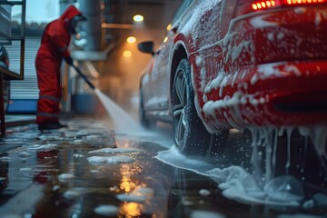 Man using high pressure washer to clean car in car care center. Concept Car care center, High pressure washer, Car cleaning, Automotive maintenance, Work equipment
