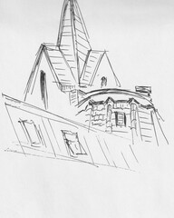 Naklejka premium The architecture of the sketch pen. a quick hand-drawn sketch with a black pen on paper. urban sketches of buildings. The learning process. Contemporary art. Layout for illustrations, graphic design