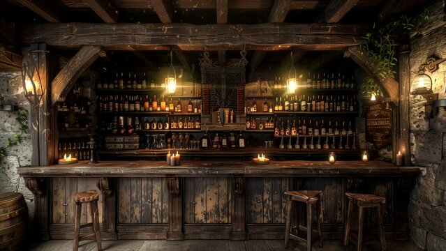 Fantasy medieval bar with adventurous theme. seamless looping 4k time-lapse animation video background
