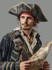 Young pirate gazing aside with a contemplative expression, wearing a tricorn hat and holding a map