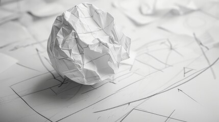 A discarded crumpled paper ball landing near a sketched diagram, symbolizing the iterative process