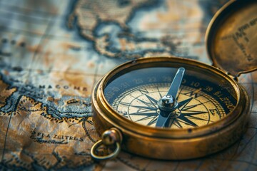 A macro shot of a compass needle quivering, resting on a vintage-style map with faded landmasses - obrazy, fototapety, plakaty