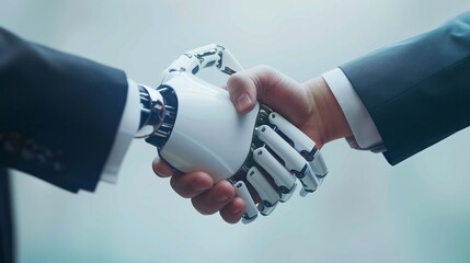 the future of corporate agreements captured as a robotic hand engages in a handshake with a human in a sleek business suit - obrazy, fototapety, plakaty