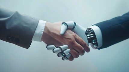 a closeup of an ai robotic hand shaking a human hand representing the collaboration between humans and machines in business - obrazy, fototapety, plakaty