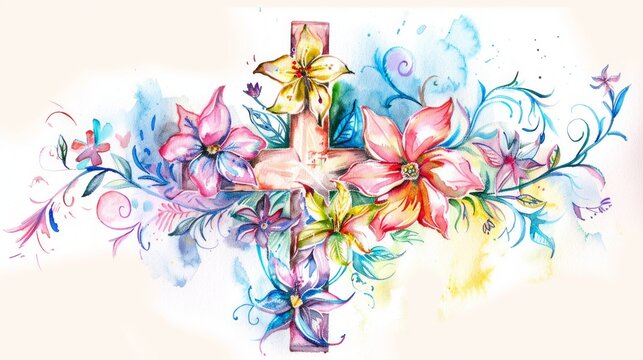 Vibrant Floral Watercolor Cross Art Print