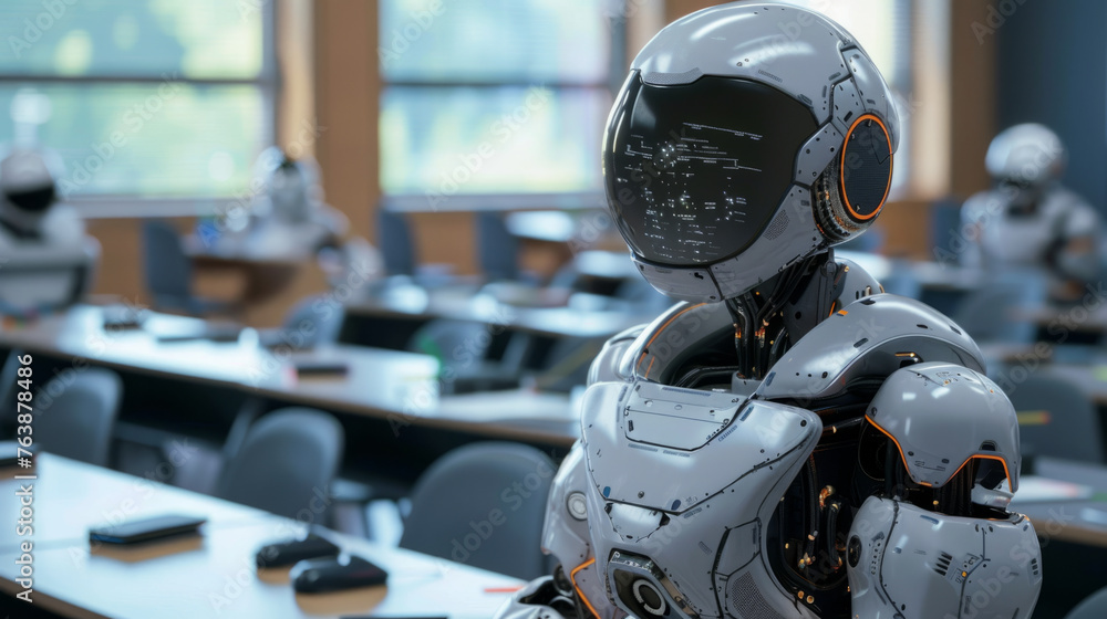 Poster a futuristic robot with a humanoid design stands in a classroom setting, featuring intricate details
