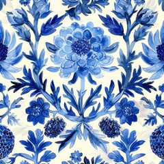 Watercolor Seamless pattern with blue and white