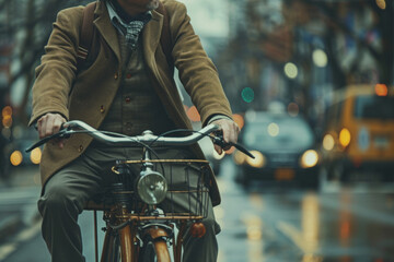 Stylish Man Cycling Through Urban Streets - obrazy, fototapety, plakaty