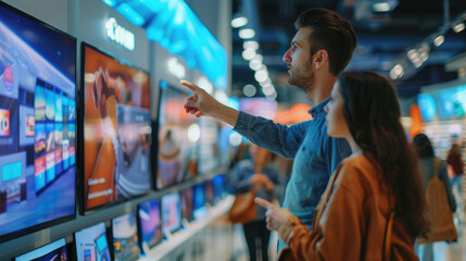 A couple is shopping for LED televisions in the store, with one man pointing at various models on display and another woman standing next to him looking happy
