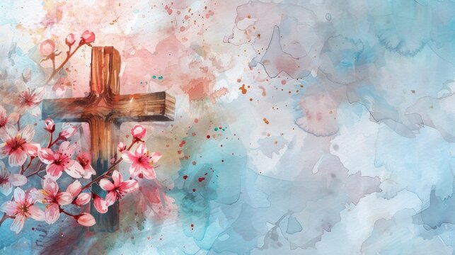 Watercolor Cross with Cherry Blossoms Artwork