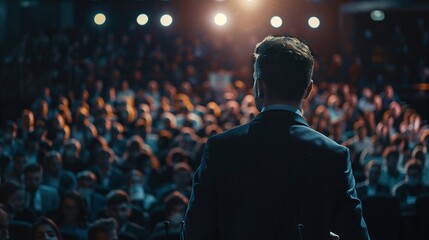 international tech conference scene with a male participant querying a speaker against the backdrop of an attentive crowd at a business summit - obrazy, fototapety, plakaty