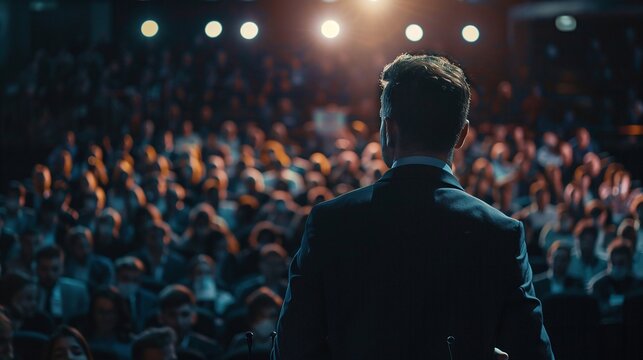 international tech conference scene with a male participant querying a speaker against the backdrop of an attentive crowd at a business summit