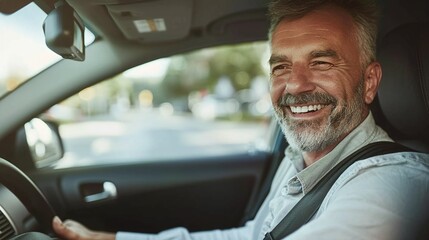 confident mid adult man driving and smiling as he glances in the car mirror for a reverse maneuver on his commute - obrazy, fototapety, plakaty