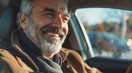 happy mature businessman with seat belt on enjoying a comfortable drive in his car and looking at the mirror - obrazy, fototapety, plakaty
