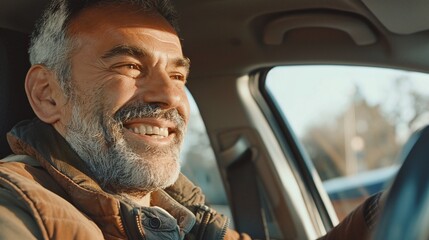 mid adult man smiling while driving car and checking rearview mirror for safety during reverse in his new vehicle - obrazy, fototapety, plakaty