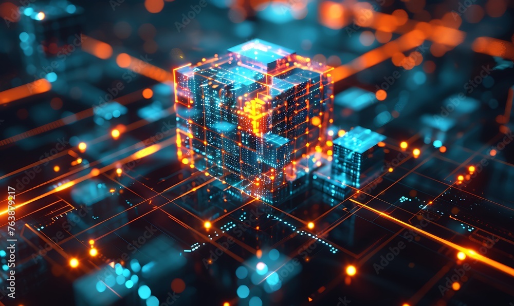 Poster digital security layers surrounding holographic blockchain, zoomed-in view