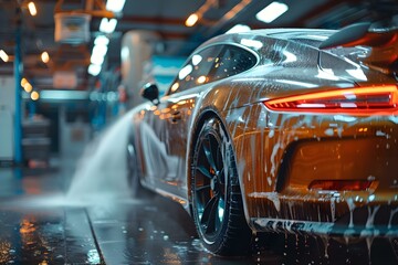 Professional washing sports car with water pressure washer preparing glossy American classic. Concept Car Detailing, Vintage Vehicles, Pressure Washing, Classic Cars, Automotive Cleaning