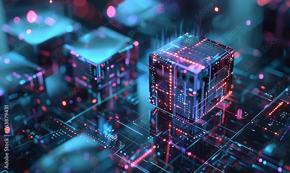 Poster digital security layers surrounding holographic blockchain, zoomed-in view