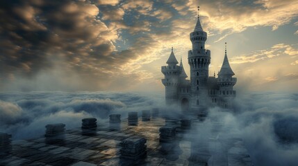 A majestic castle towers over a cloud-covered landscape as the sun sets in the background. The scene invokes a sense of mystery and fairytale wonder. - obrazy, fototapety, plakaty