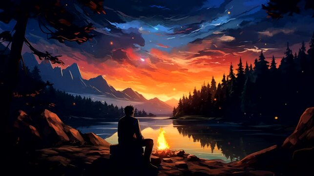 Silhouette of man sitting while enjoying the sunset. seamless looping 4k time-lapse animation video background