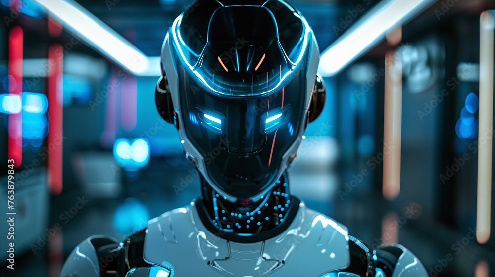 Poster an intelligent robot in a security helmet performs surveillance duties in a brightly lit office with