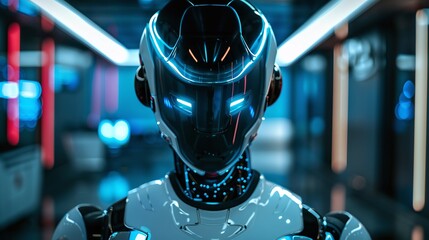 an intelligent robot in a security helmet performs surveillance duties in a brightly lit office with a blurred backdrop - obrazy, fototapety, plakaty