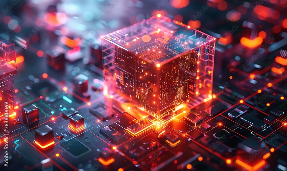 Poster digital security layers surrounding holographic blockchain, zoomed-in view