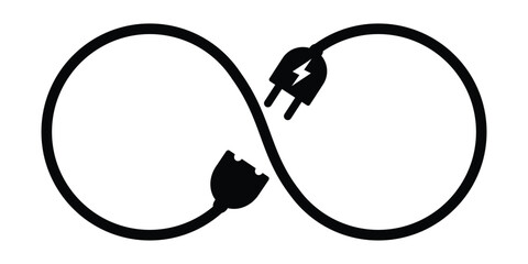 electrical cable, plug and socket as infinite shape, vector symbol on transparent background.