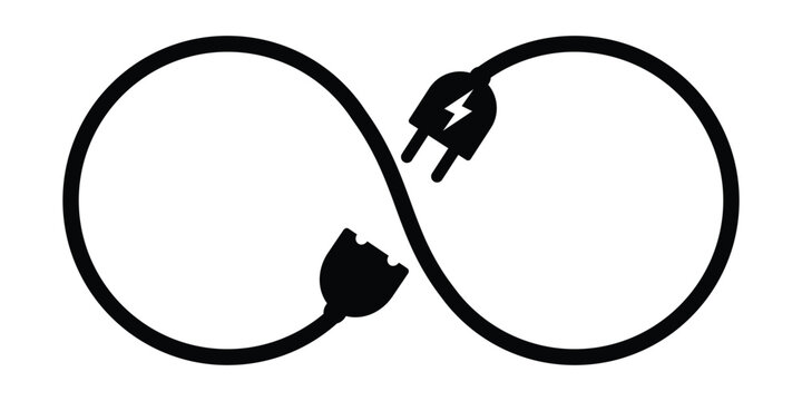 electrical cable, plug and socket as infinite shape, vector symbol on transparent background.