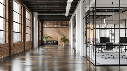 Meeting zone in the office in a loft style. Zone has a large wooden table with gray chairs and glass partitions. Above the table there is a projector.  - Powered by Adobe