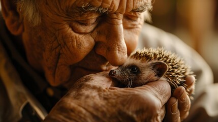 Elderly male veterinarian examines newly born hedgehog. Hands with mammal. close-up. Concept of