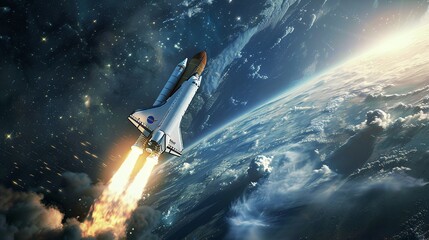 successful start of a space mission space shuttle lift-off into the cosmos with amazing sunset on blue planet earth travel to Mars - obrazy, fototapety, plakaty