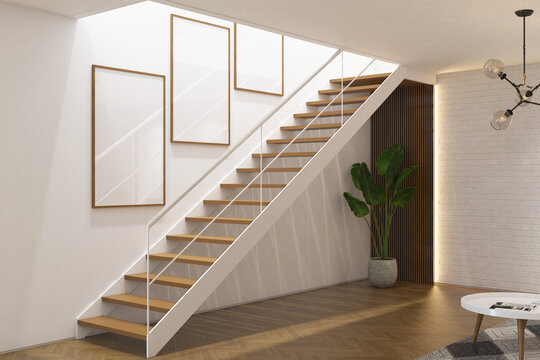 3d rendering interior of living room with stair case, plant and frames mock up. White brickwall background and parquet floor. Set 1