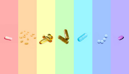 Collage with different types of pills, vitamins and capsules. Pastel rainbow colours