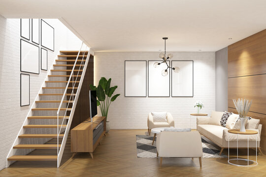 3d rendering interior of living room with stair case, wood panel, sofa, table, plant and frames mock up. White brickwall background and parquet floor. Set 6