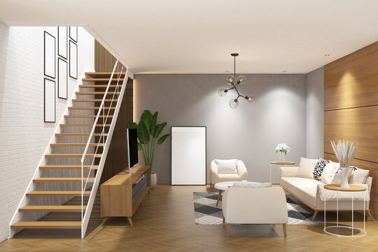 3d rendering interior of living room with stair case, wood panel, sofa, table, plant and frames mock up. White brickwall background and parquet floor. Set 7
