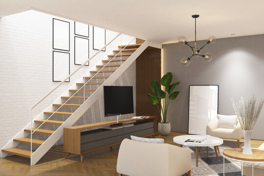 3d rendering interior of living room with stair case, tv credenza, wood panel, sofa, table, plant and frames mock up. White brickwall background and parquet floor. Set 8