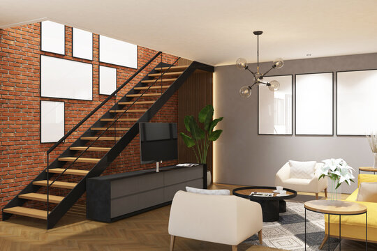 3d rendering interior of living room with stair case, tv credenza, wood panel, sofa, table, plant and frames mock up. Red brickwall background and cement floor. Set 15