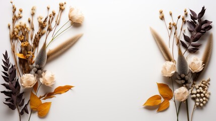 Frame flower dried plants for decoration flat lay on white background - obrazy, fototapety, plakaty