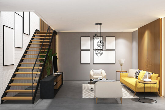 3d rendering interior of living room with stair case, wood panel, sofa, table, plant and frames mock up. White brickwall background and cement floor. Set 18